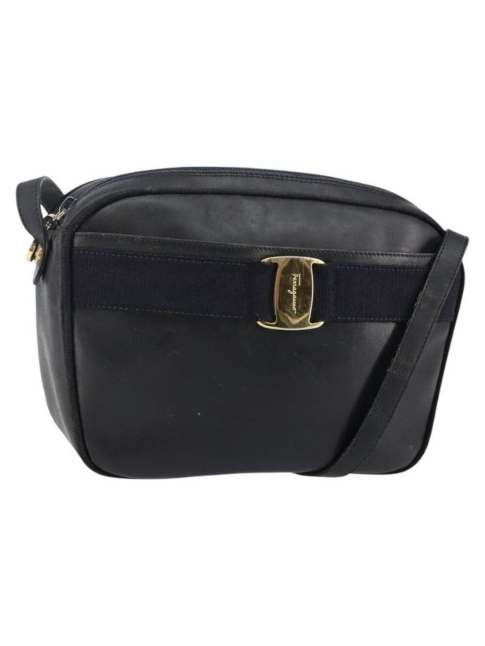 Authentic Salvatore Ferragamo Vala Shoulder Bag Leather Navy Gold